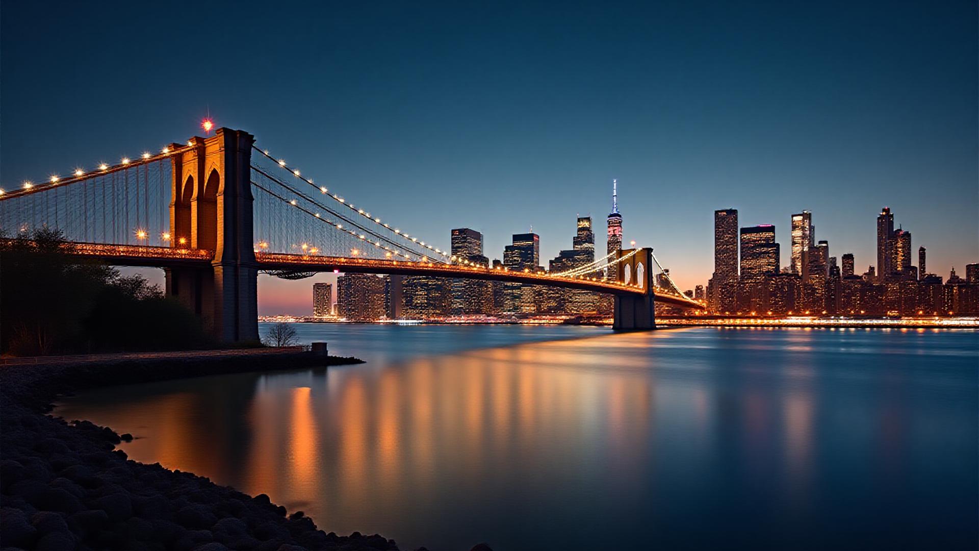 Brooklyn Bridge at dusk with city lights