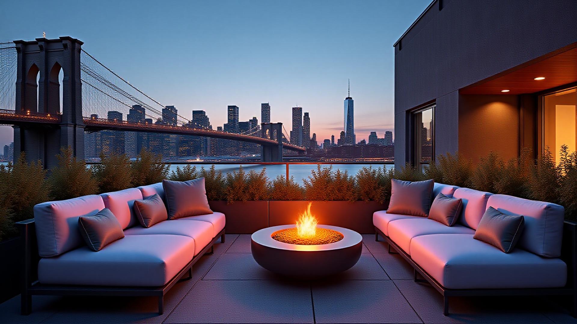 Luxury rooftop overlooking Brooklyn Bridge at twilight