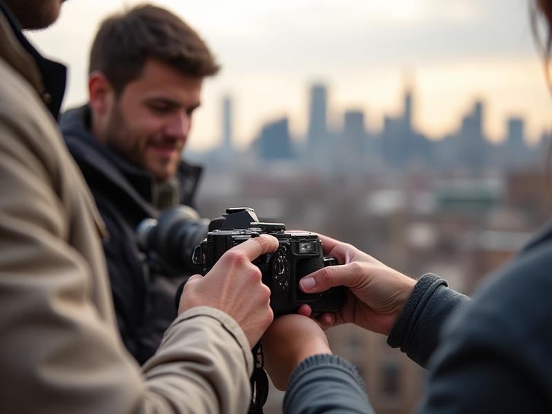 A professional guide adjusting a DSLR camera for a student in Brooklyn Heights