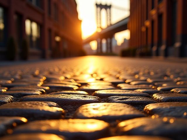 Sunset light hitting the cobblestones of DUMBO