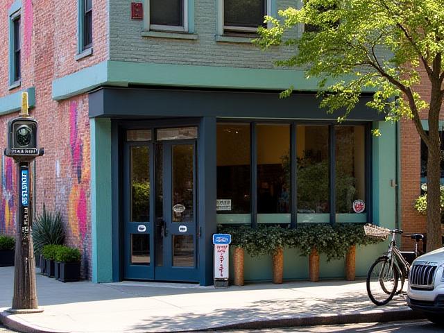 Trendy cafe in Williamsburg with colorful murals