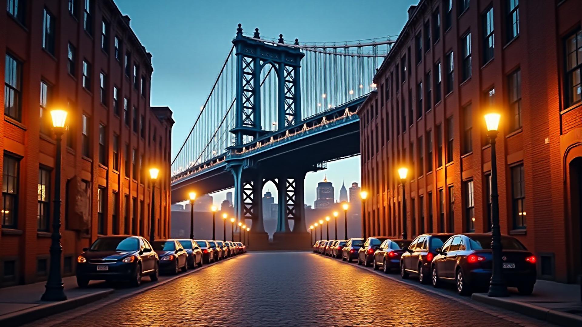 Breathtaking view of the Manhattan Bridge and skyline from DUMBO at dusk